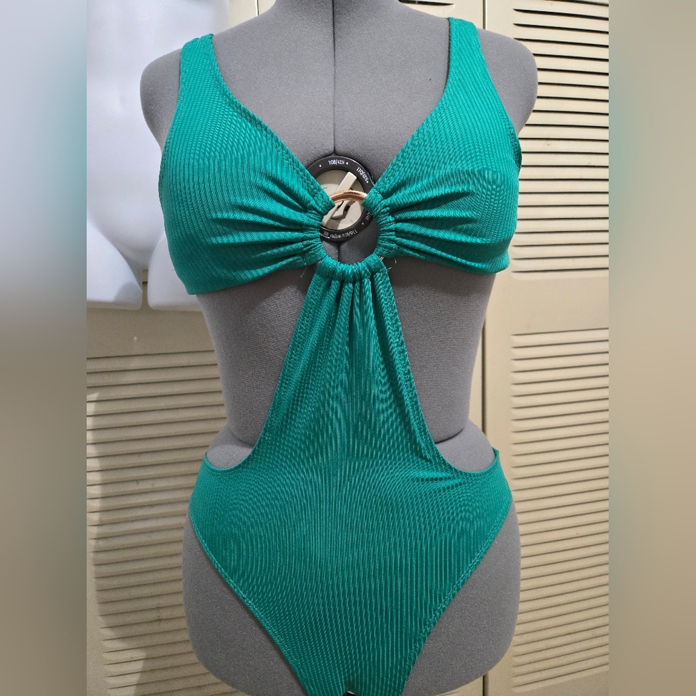 Refuge Teal Ribbed Cutout One-Piece Swimsuit